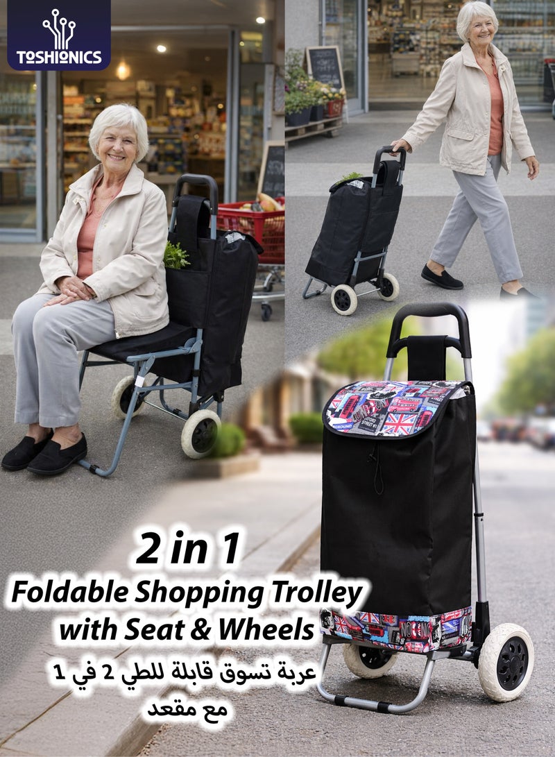 Toshionics Foldable Shopping Trolley Cart with Seat & Wheels | Grocery Shopping Cart Bag with Chair | Heavy Duty Utility Market Trolley | 34L Polyester Storage Bag | 80KG Load Capacity | Model T114707 - Image 1